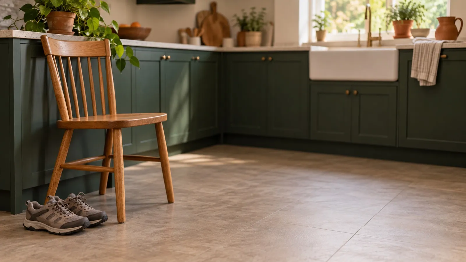 A sturdy wooden chair beside a kitchen counter on a clear tiled floor, with walking shoes next to it