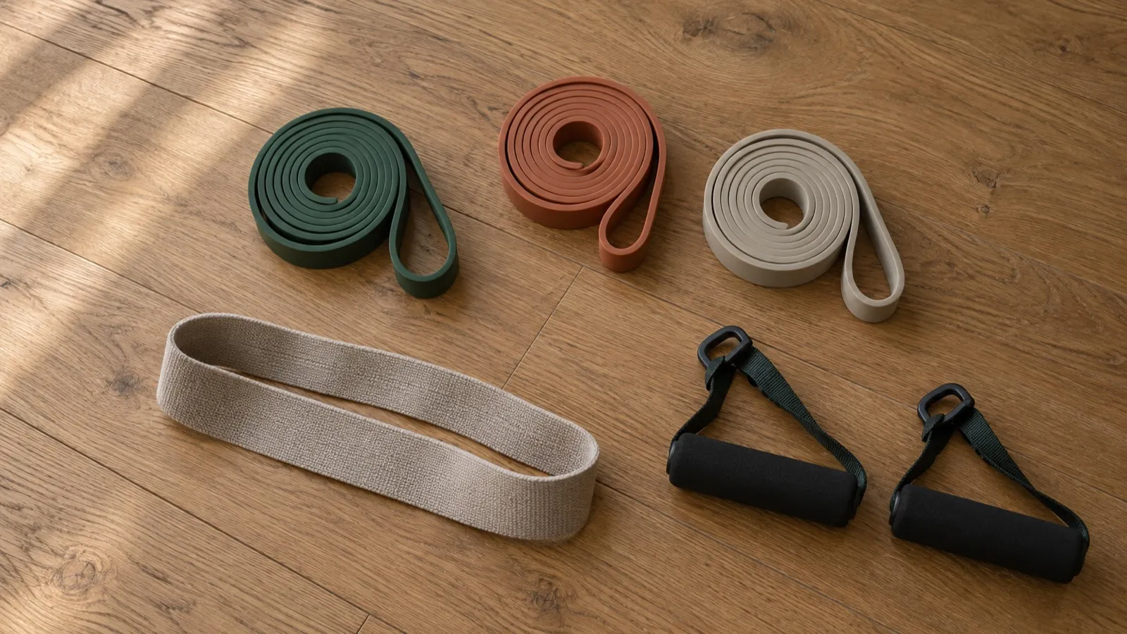 Three coiled flat resistance bands in green, clay and oat colors, a fabric loop band and two foam handles on an oak floor