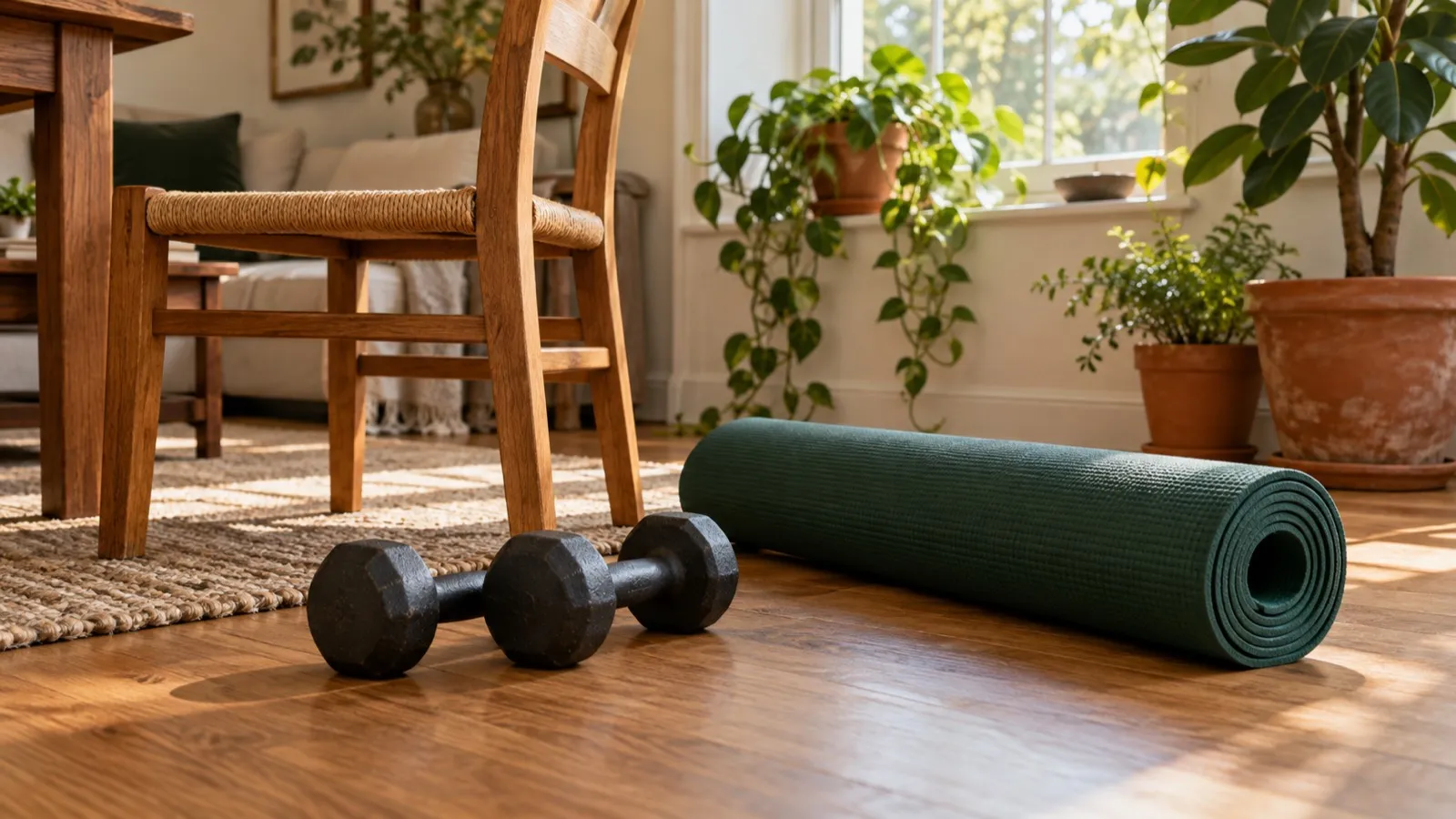 A pair of cast-iron dumbbells and a rolled green exercise mat on a wooden floor beside a sturdy chair in a sunny living room