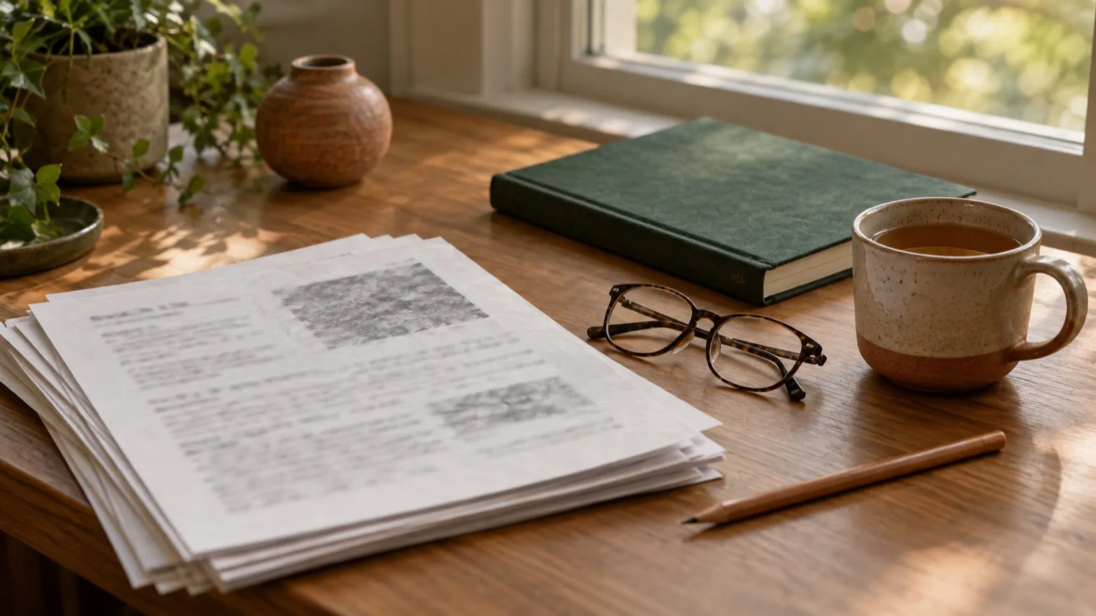 A stack of printed research papers, reading glasses, a pencil and a mug of tea on a wooden desk by a window