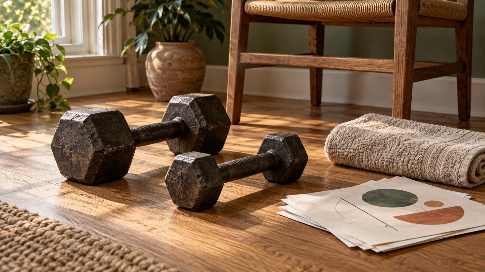 Two cast-iron dumbbells of different sizes on an oak floor beside a wooden chair, a folded towel and a stack of printed papers in morning light