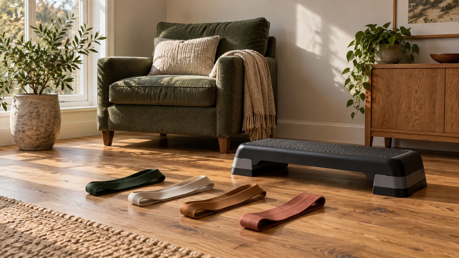Four resistance bands laid on an oak floor in front of a low aerobic step platform and an upholstered armchair in morning light