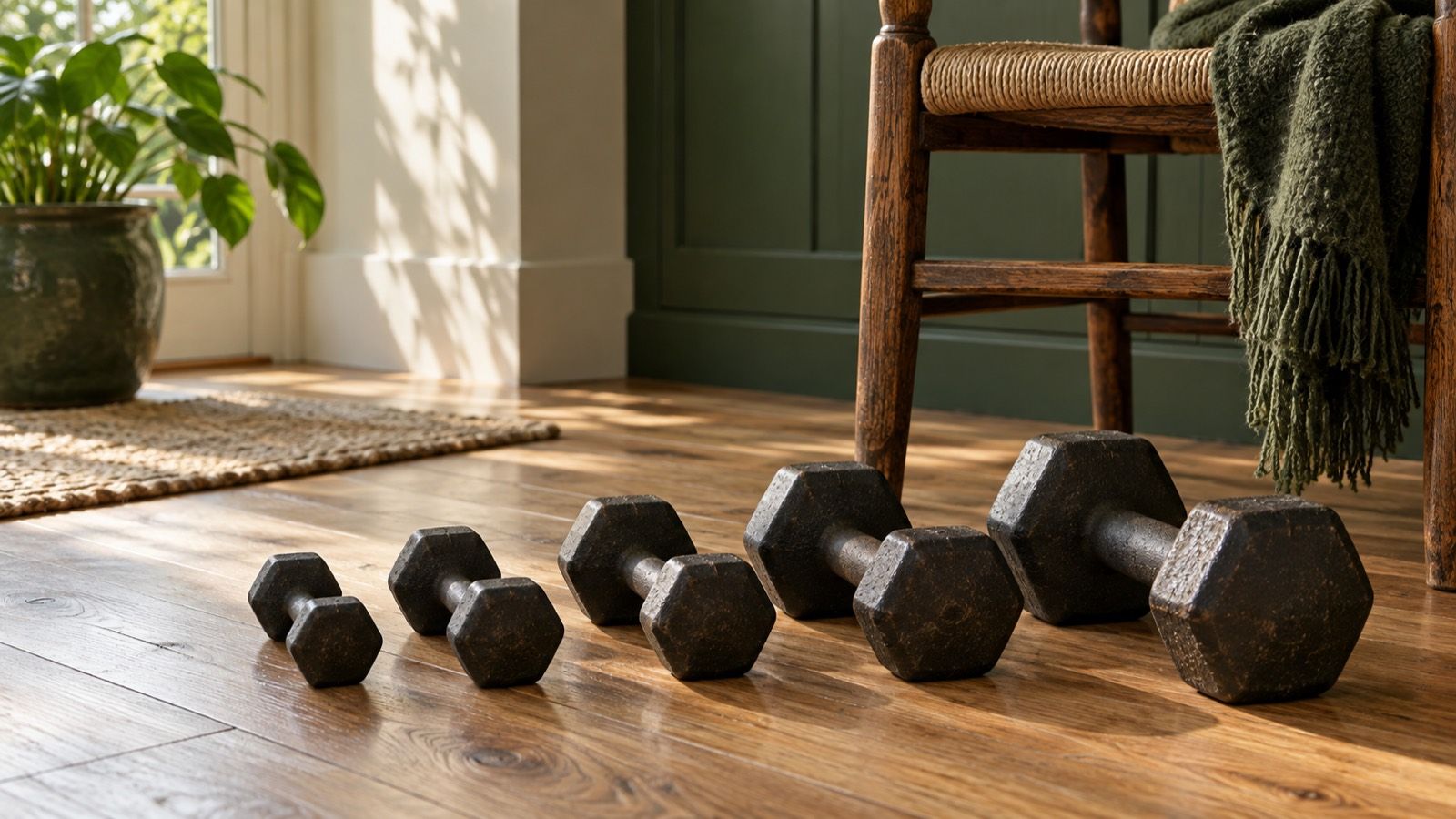 Five cast-iron dumbbells in graduated sizes in a row on an oak floor beside a wooden chair in morning light