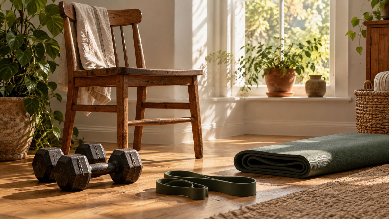A wooden chair, a pair of cast-iron dumbbells, a looped resistance band and a rolled exercise mat on an oak floor in morning light
