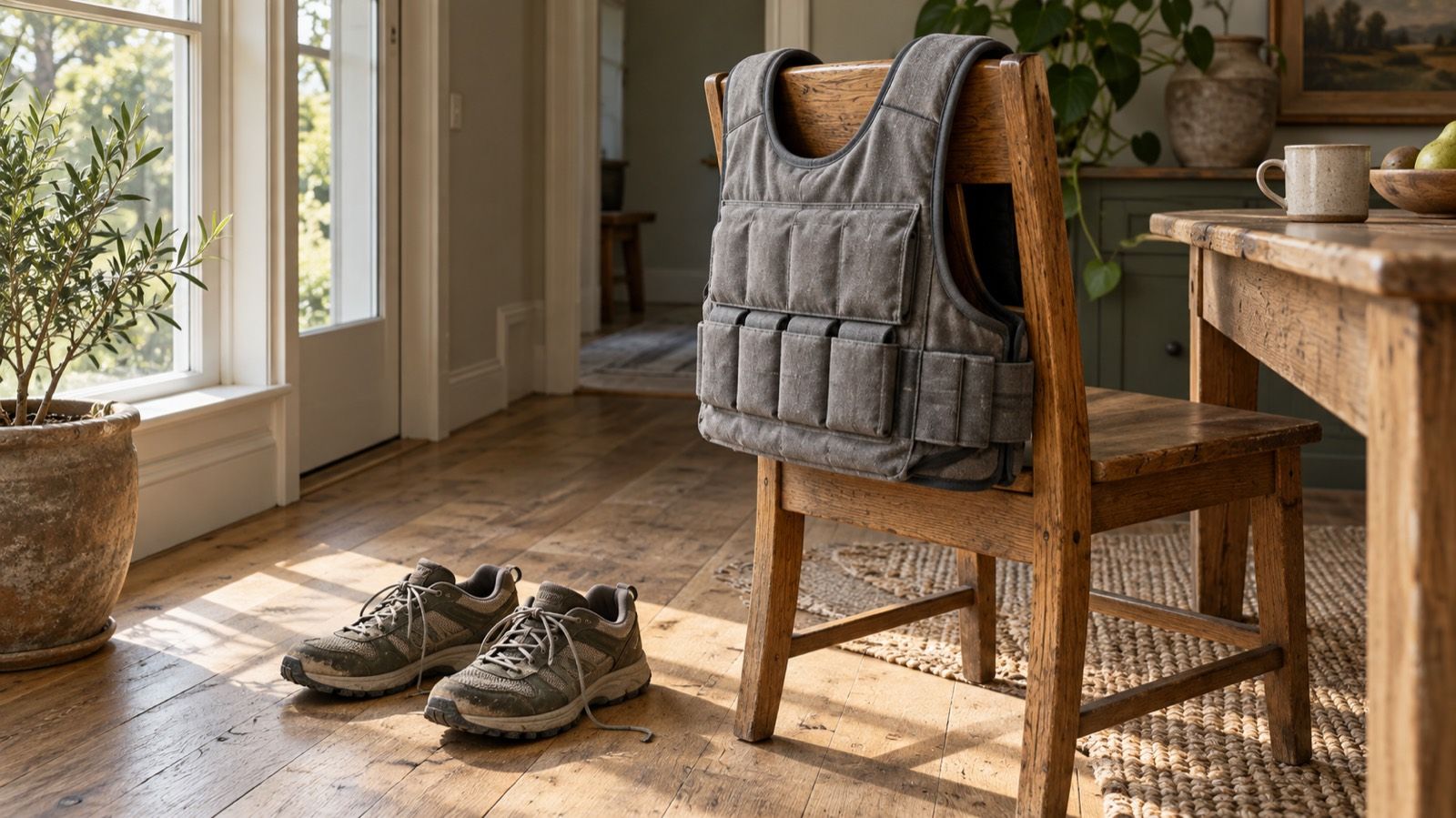 A grey canvas weighted vest hung over the back of an oak chair beside a pair of worn walking shoes on a sunlit oak floor